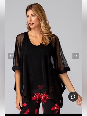 Joseph Ribkoff Black Sheer-Sleeve Overlay V-Neck Tunic Size 18